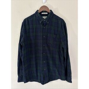 LL Bean Men Blue Green Scotch Plaid Cotton Flannel Button Down Shirt Size Large